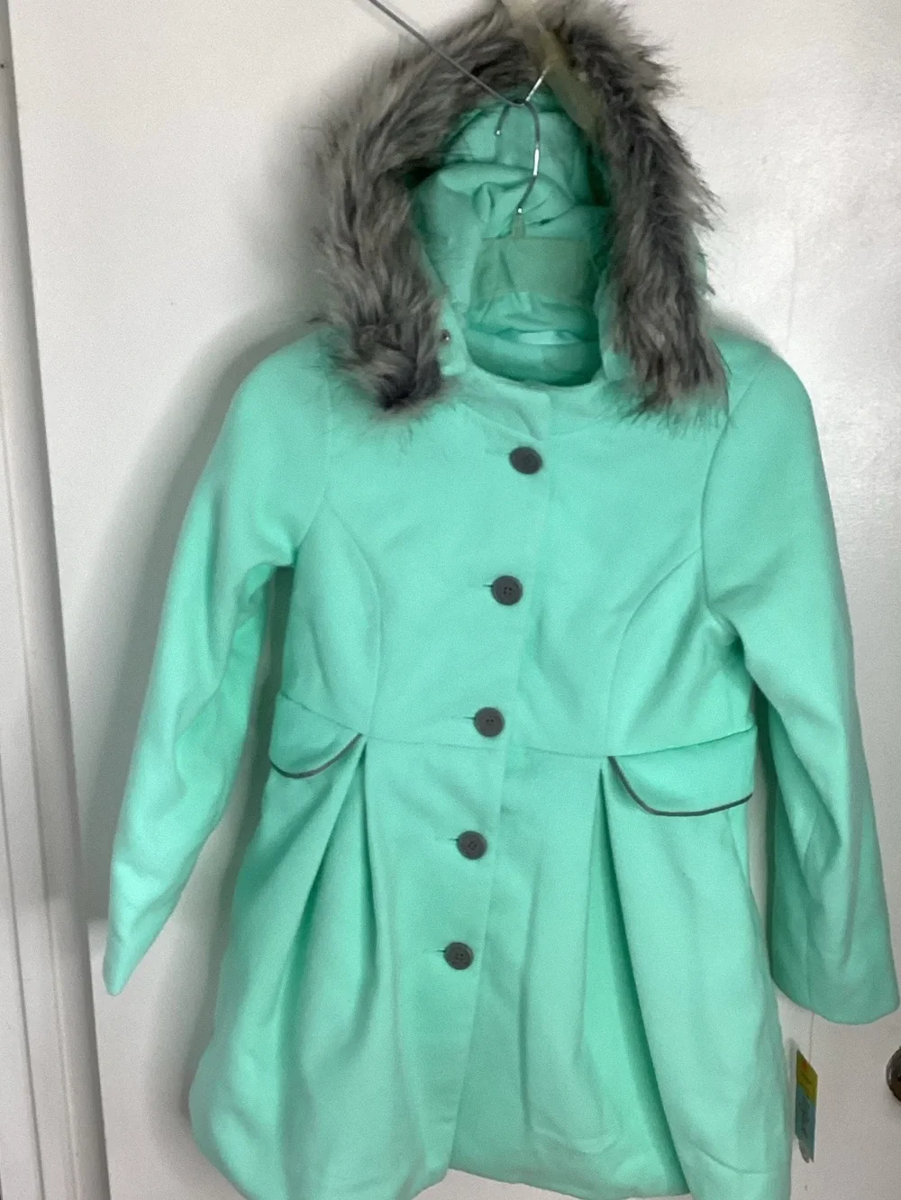 Cat & Jack Mint Green Hooded Pea Coat with Faux Fur Trim L 10/12